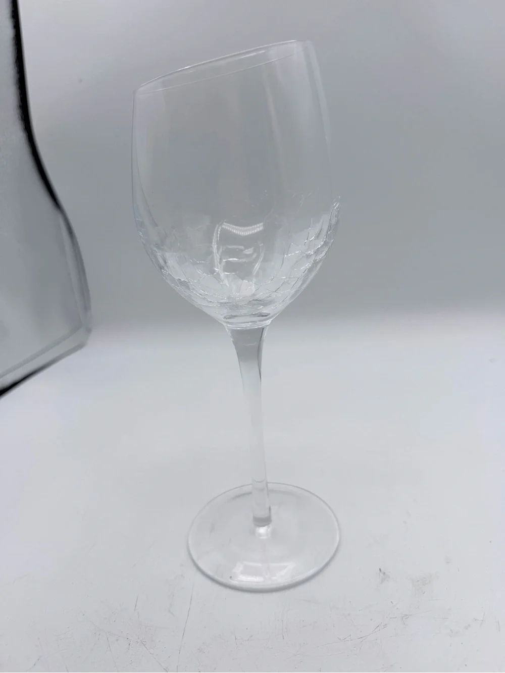 (5) Pier 1 Clear Crackle Balloon Red Wine Glass Goblet Angle Slanted Rim 8 5/8”